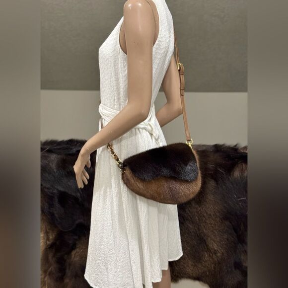 Brown Real Mink Fur Handmade Asymmetric Saddle Bag/Bumbag/Crossbody & 2 Straps - Picture 11 of 16